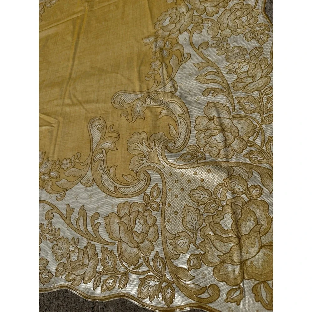 Vintage Mustard Yellow 90x60 Vinyl/Oil Cloth Backing Damask Table Cloth 1950-70